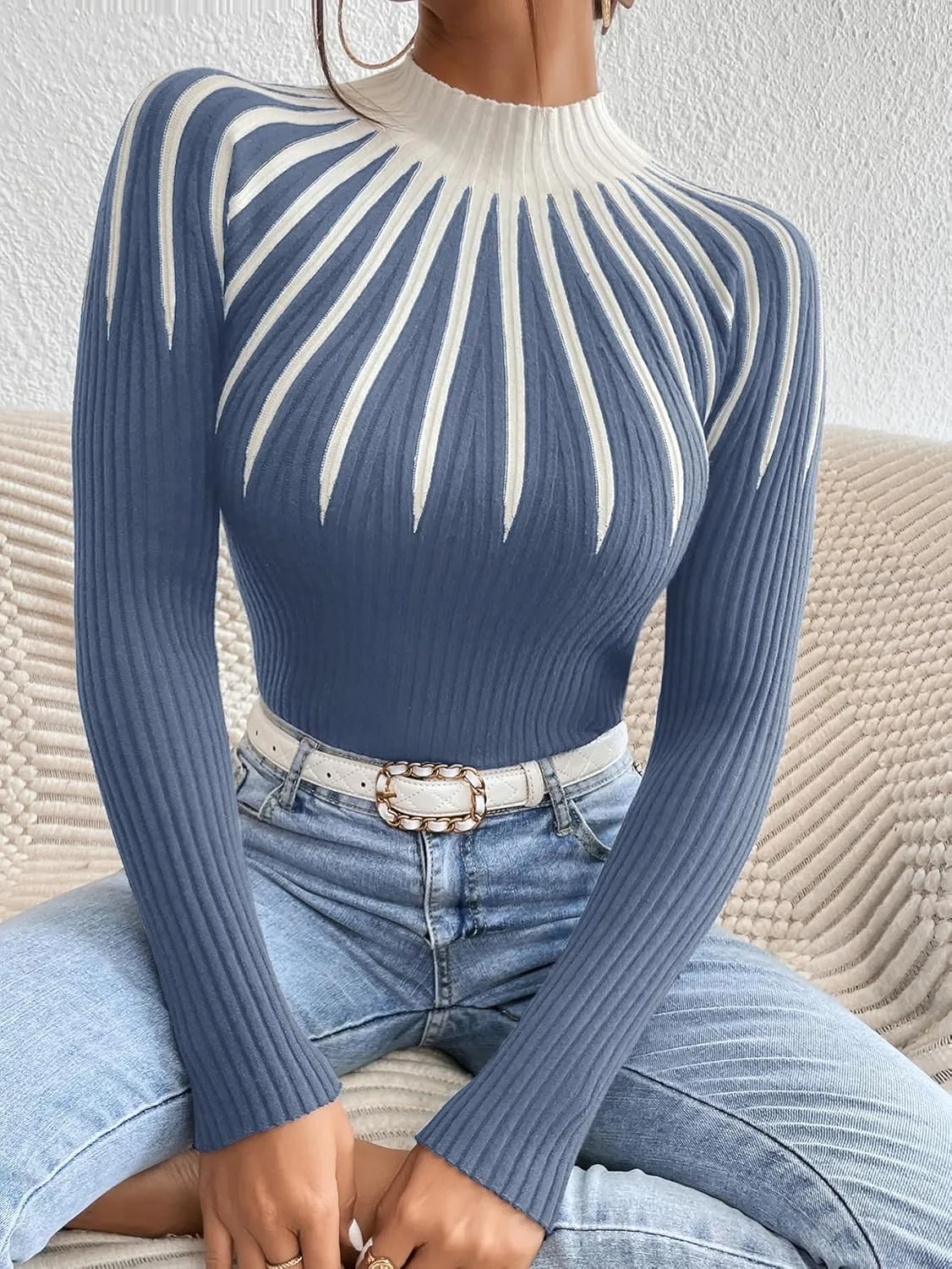 SOLY HUX Women's Color Block Mock Neck Sweater Long Sleeve Rib Knit Fitted Pullover Shirt Tops