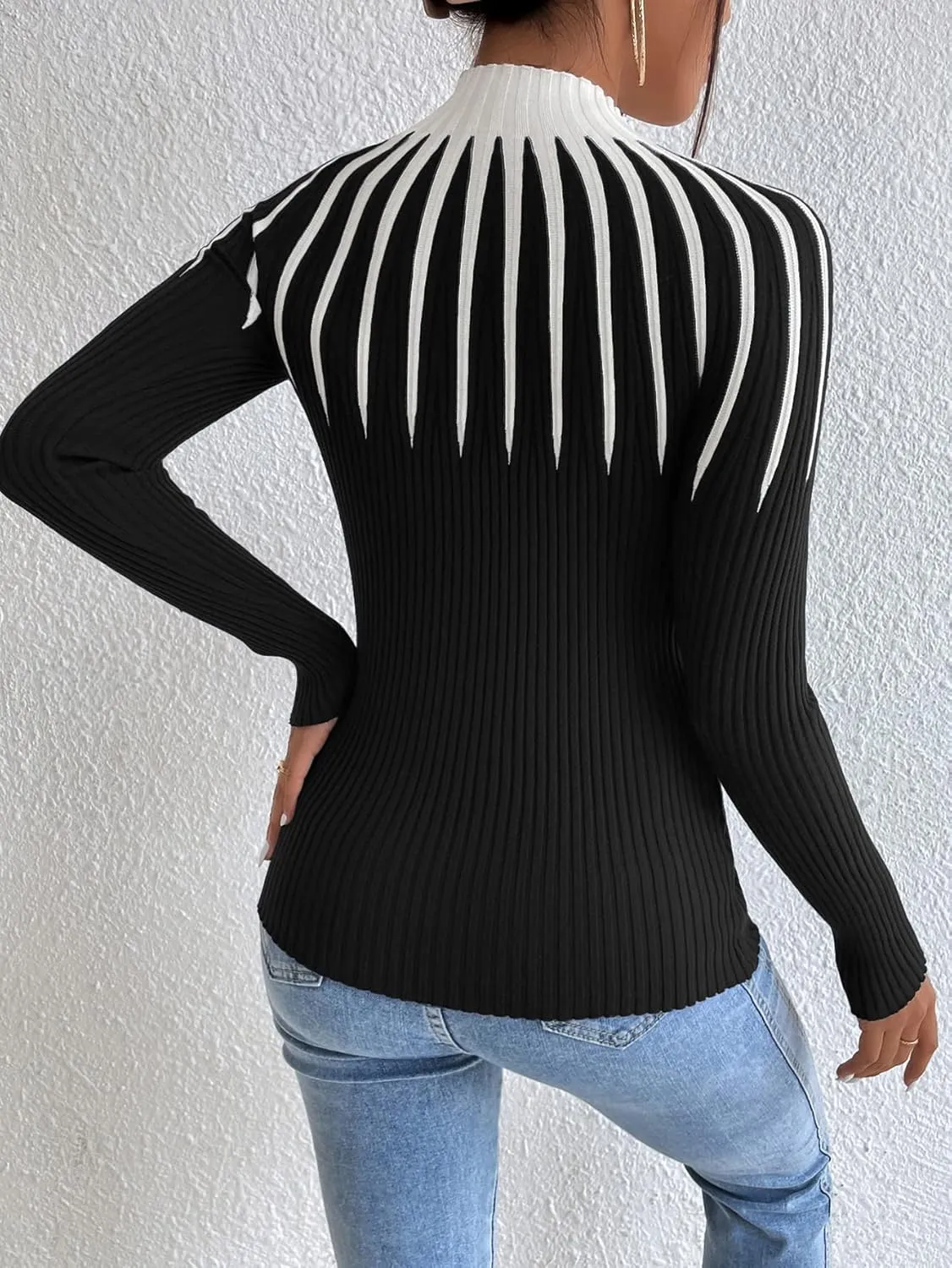 SOLY HUX Women's Color Block Mock Neck Sweater Long Sleeve Rib Knit Fitted Pullover Shirt Tops