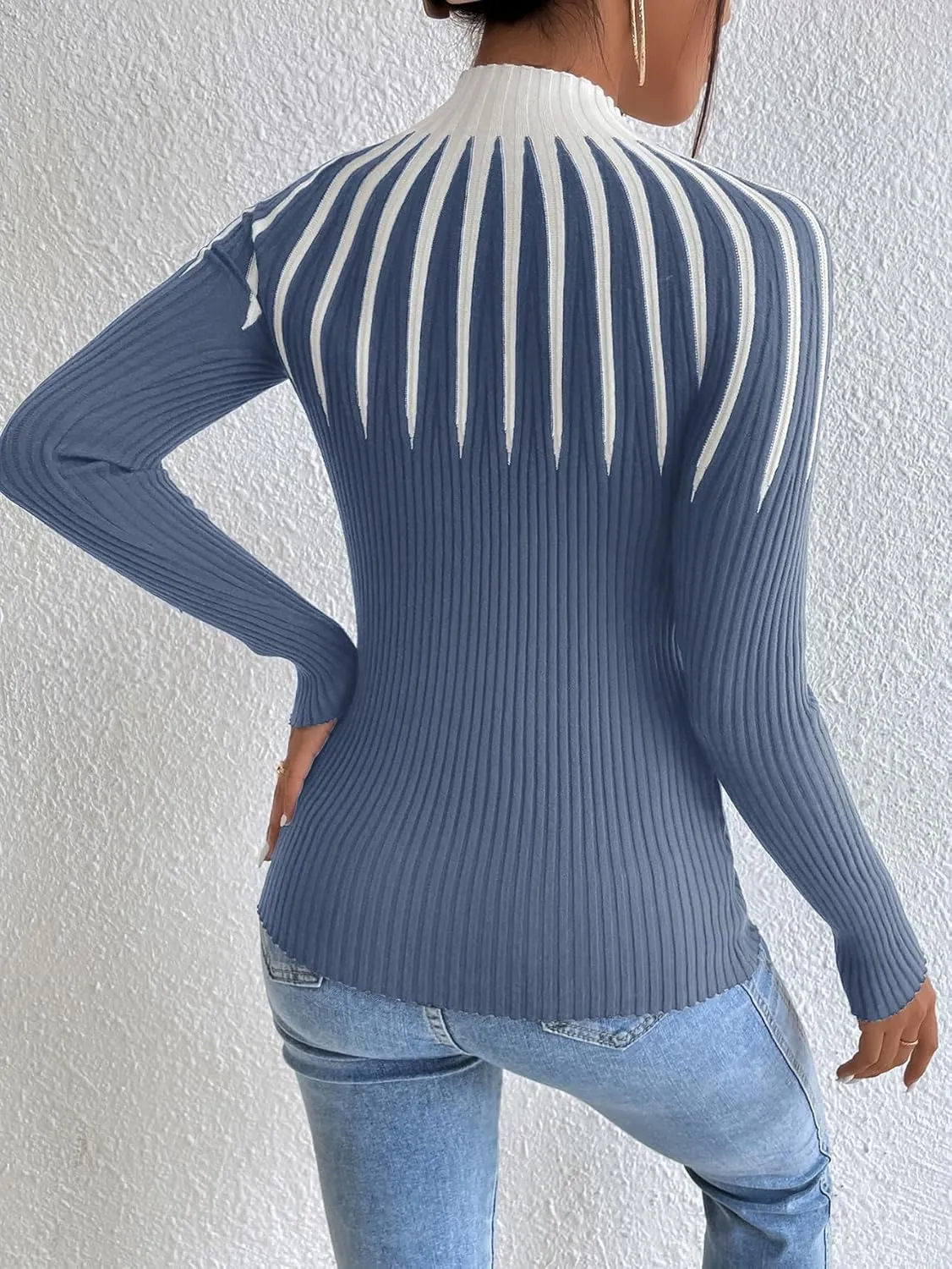 SOLY HUX Women's Color Block Mock Neck Sweater Long Sleeve Rib Knit Fitted Pullover Shirt Tops