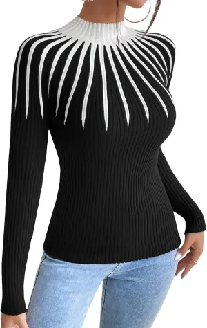 SOLY HUX Women's Color Block Mock Neck Sweater Long Sleeve Rib Knit Fitted Pullover Shirt Tops