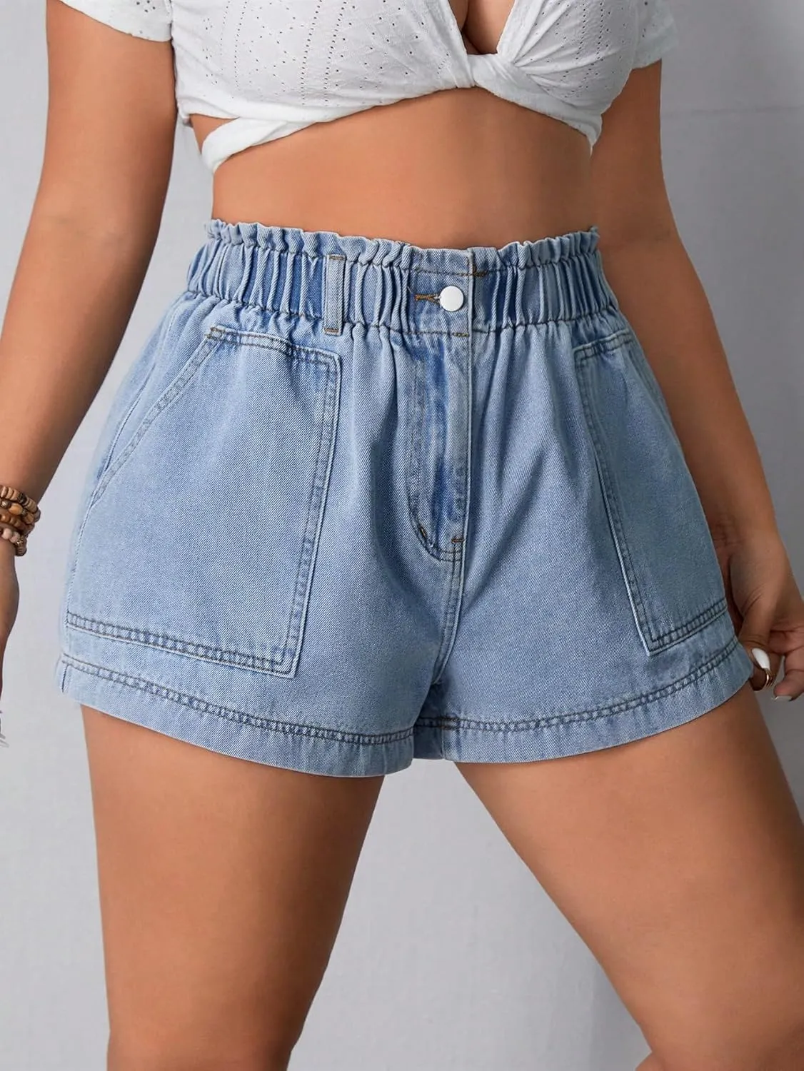 SOLY HUX Women's Plus Size Elastic High Waisted Jean Shorts Casual Stretchy Denim Shorts with Pockets