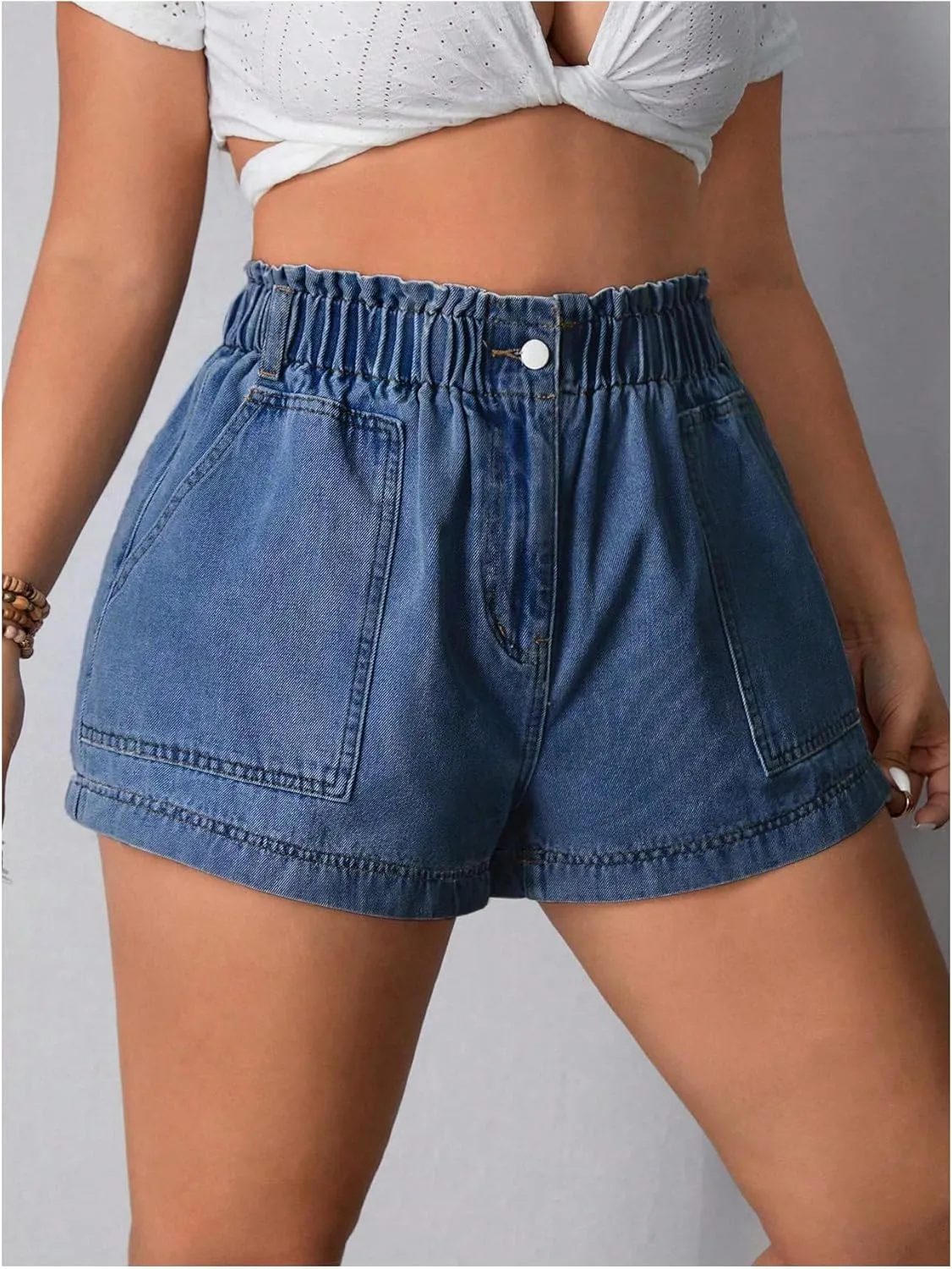 SOLY HUX Women's Plus Size Elastic High Waisted Jean Shorts Casual Stretchy Denim Shorts with Pockets