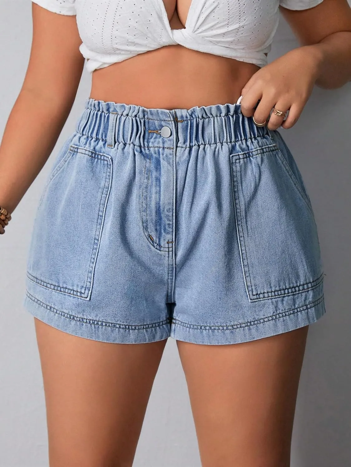 SOLY HUX Women's Plus Size Elastic High Waisted Jean Shorts Casual Stretchy Denim Shorts with Pockets