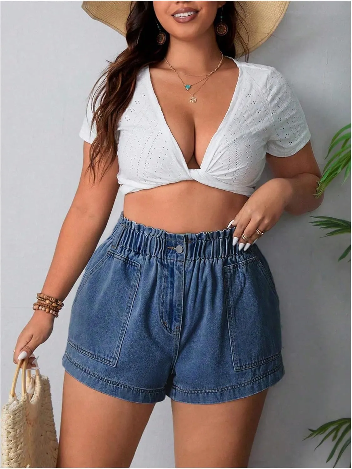 SOLY HUX Women's Plus Size Elastic High Waisted Jean Shorts Casual Stretchy Denim Shorts with Pockets