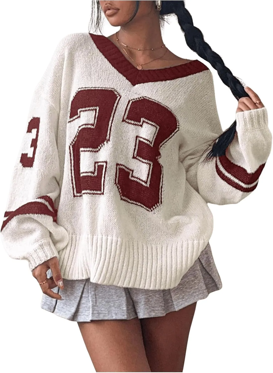 SOLY HUX Women's Y2k Oversized Sweater Number Graphic V Neck Drop Shoulder Long Sleeve Pullover Tops
