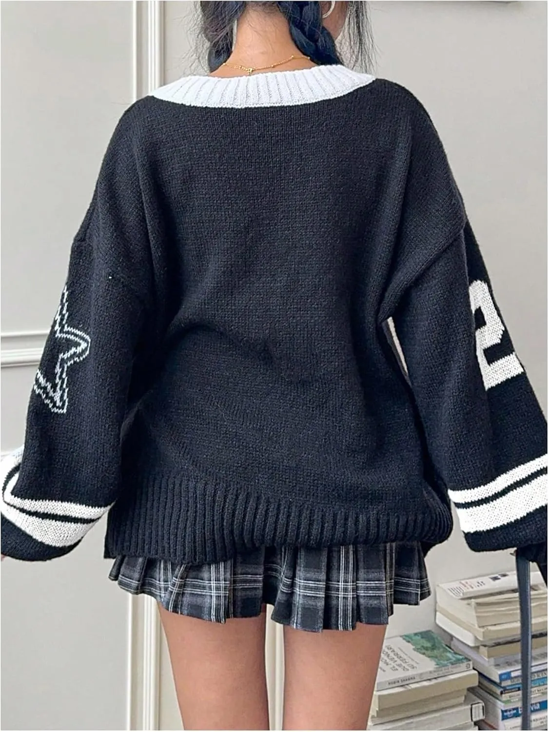 SOLY HUX Women's Y2k Oversized Sweater Number Graphic V Neck Drop Shoulder Long Sleeve Pullover Tops