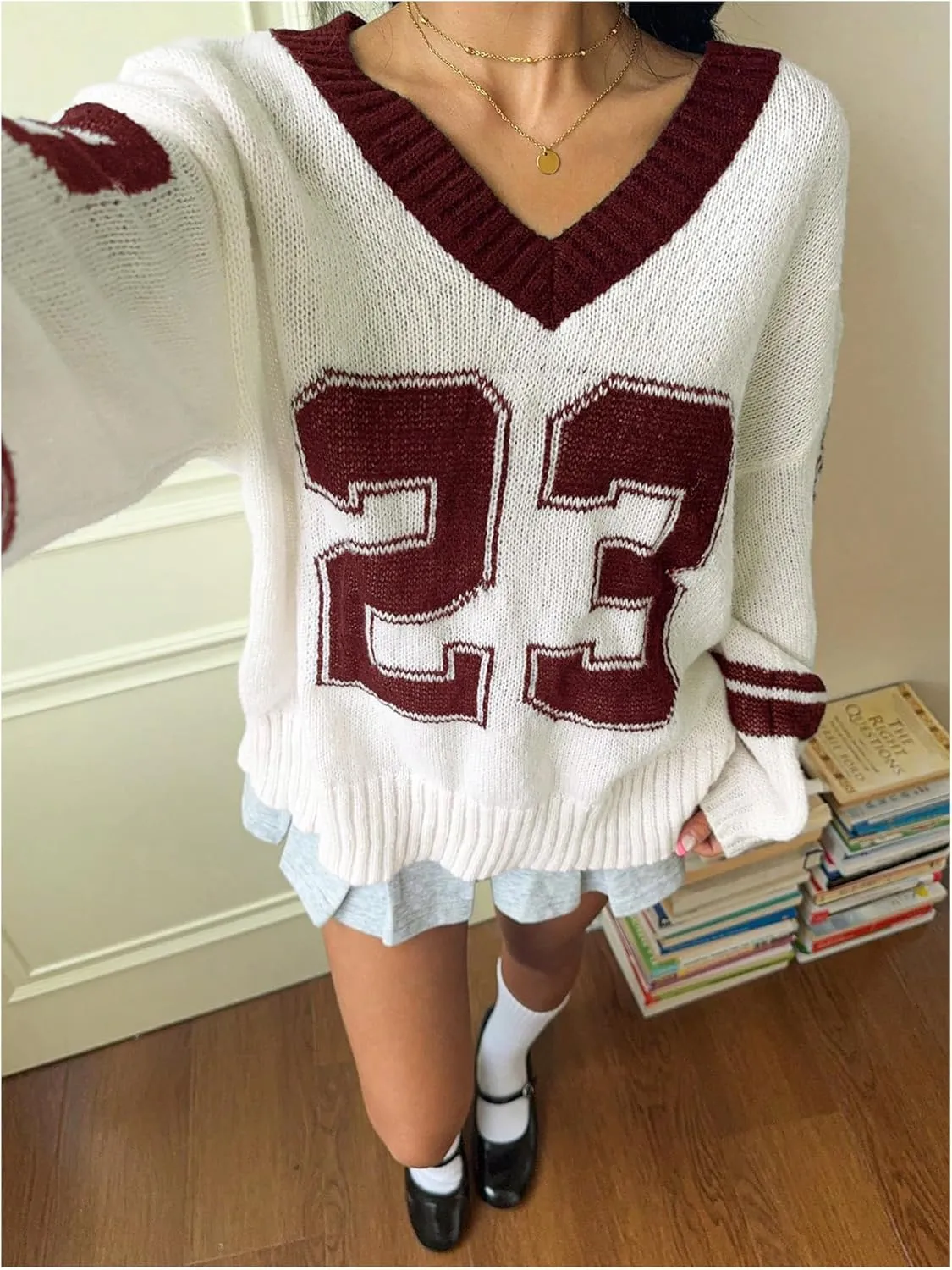 SOLY HUX Women's Y2k Oversized Sweater Number Graphic V Neck Drop Shoulder Long Sleeve Pullover Tops