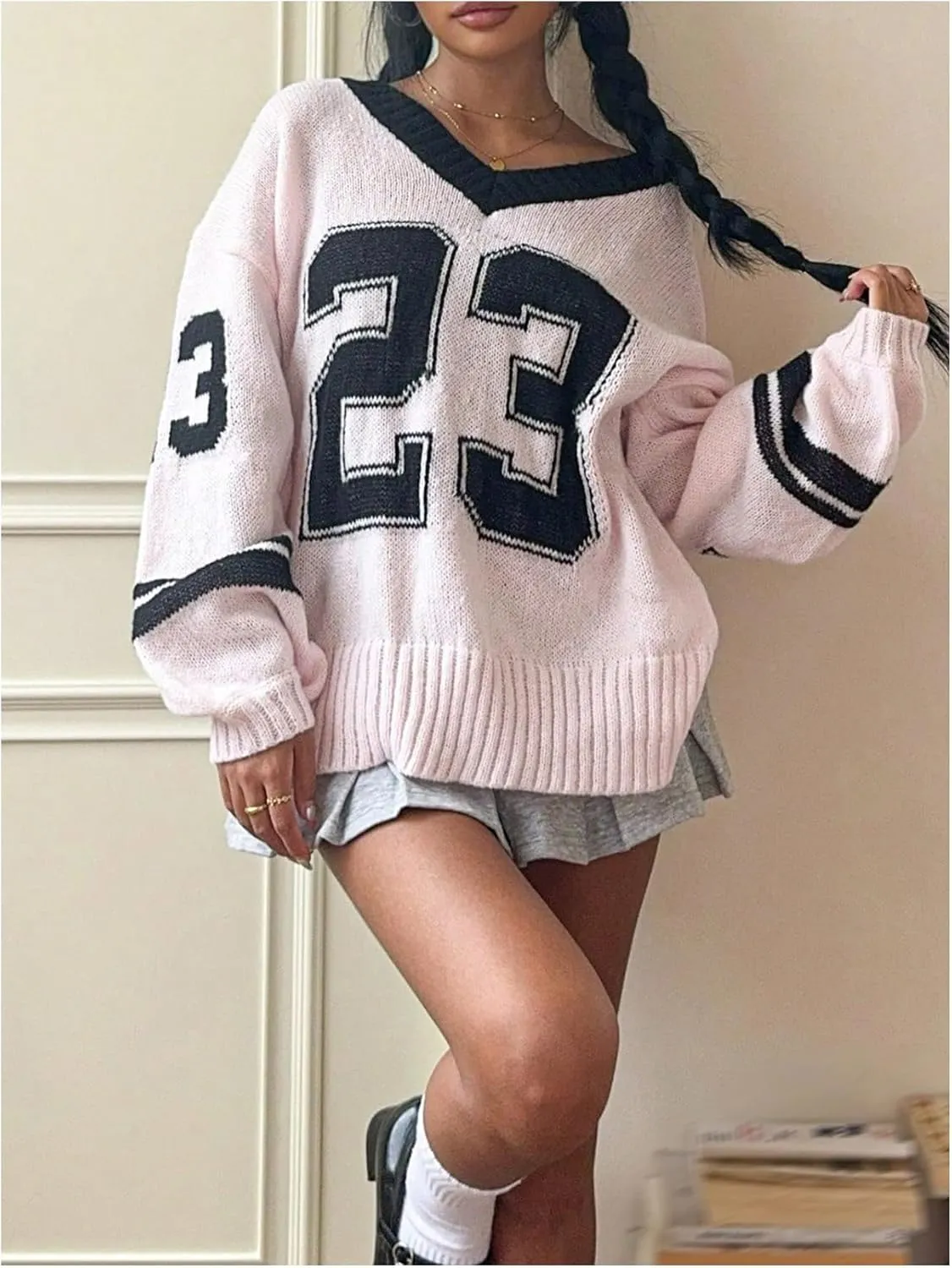 SOLY HUX Women's Y2k Oversized Sweater Number Graphic V Neck Drop Shoulder Long Sleeve Pullover Tops