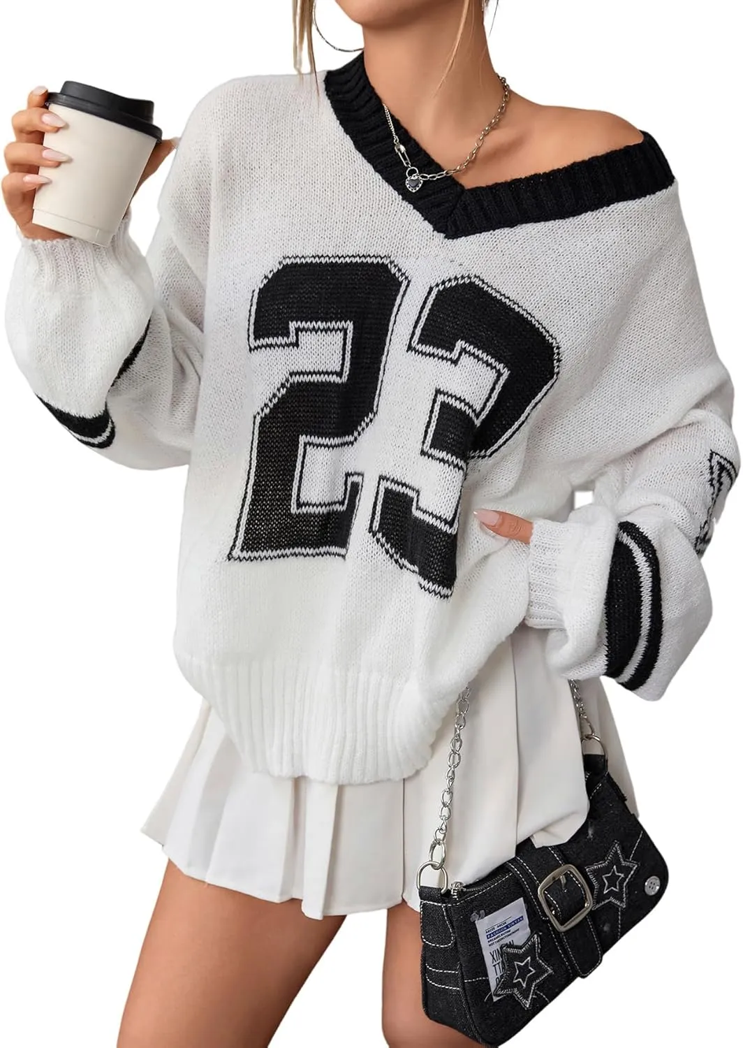 SOLY HUX Women's Y2k Oversized Sweater Number Graphic V Neck Drop Shoulder Long Sleeve Pullover Tops