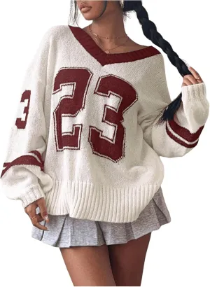 SOLY HUX Women's Y2k Oversized Sweater Number Graphic V Neck Drop Shoulder Long Sleeve Pullover Tops