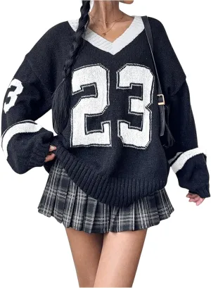 SOLY HUX Women's Y2k Oversized Sweater Number Graphic V Neck Drop Shoulder Long Sleeve Pullover Tops