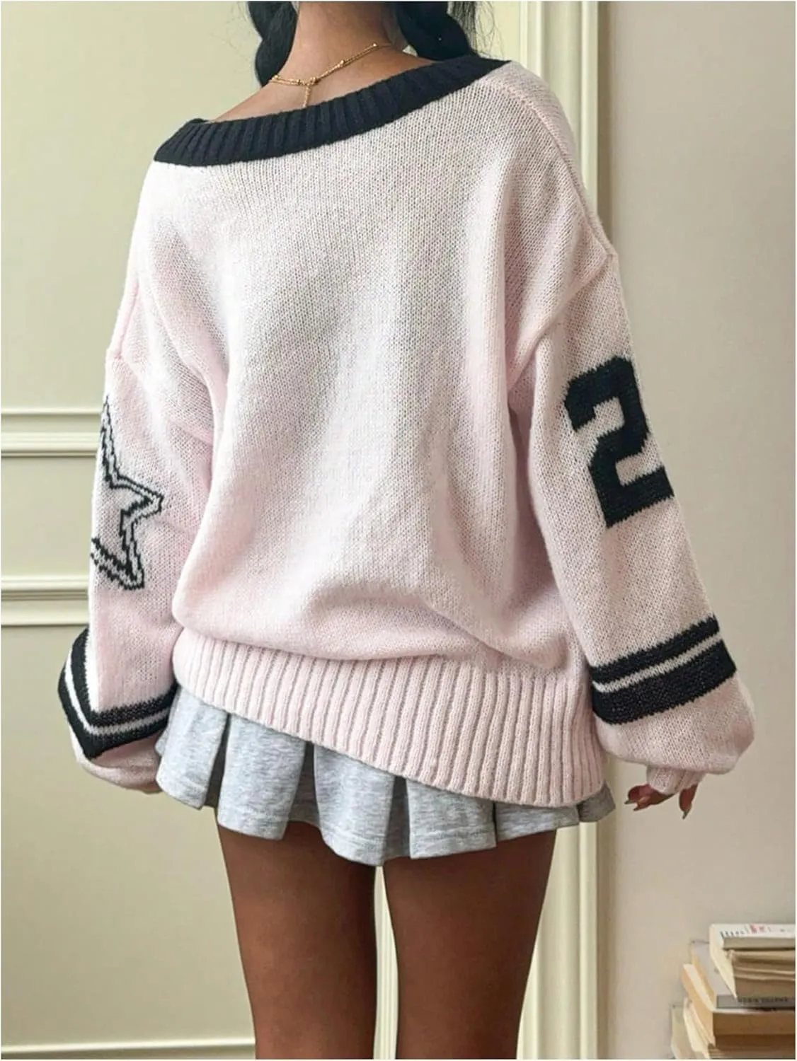 SOLY HUX Women's Y2k Oversized Sweater Number Graphic V Neck Drop Shoulder Long Sleeve Pullover Tops
