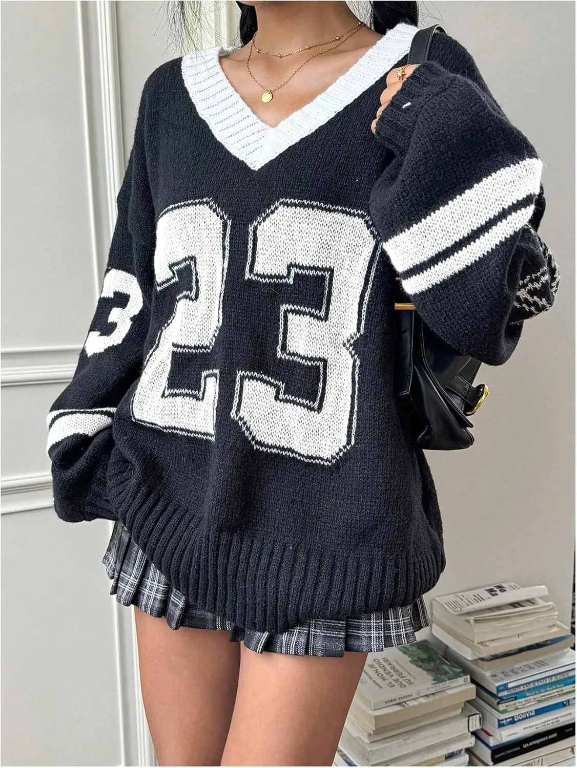 SOLY HUX Women's Y2k Oversized Sweater Number Graphic V Neck Drop Shoulder Long Sleeve Pullover Tops