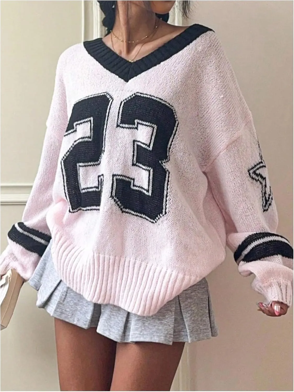 SOLY HUX Women's Y2k Oversized Sweater Number Graphic V Neck Drop Shoulder Long Sleeve Pullover Tops