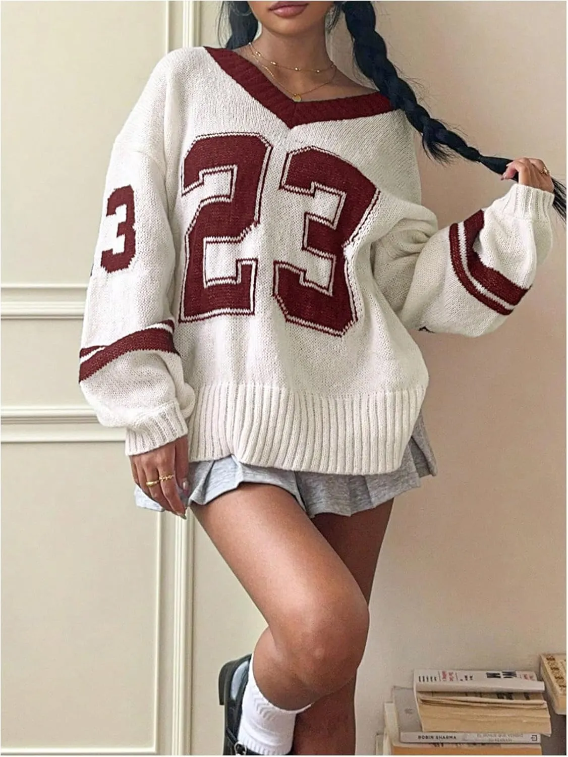 SOLY HUX Women's Y2k Oversized Sweater Number Graphic V Neck Drop Shoulder Long Sleeve Pullover Tops
