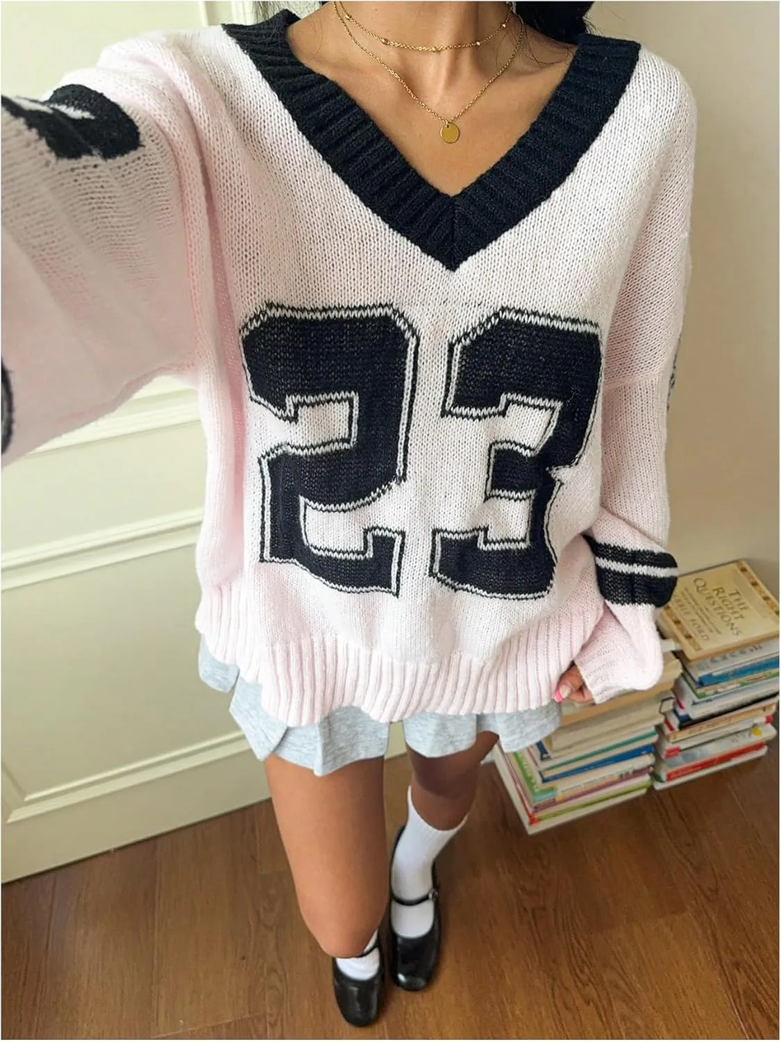 SOLY HUX Women's Y2k Oversized Sweater Number Graphic V Neck Drop Shoulder Long Sleeve Pullover Tops