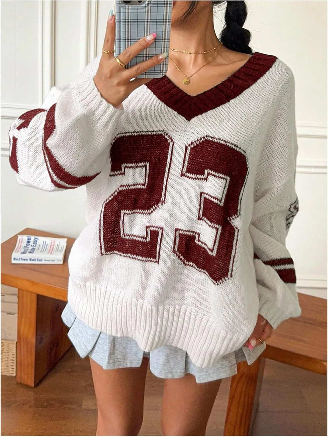 SOLY HUX Women's Y2k Oversized Sweater Number Graphic V Neck Drop Shoulder Long Sleeve Pullover Tops