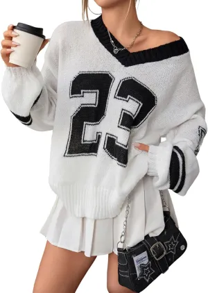 SOLY HUX Women's Y2k Oversized Sweater Number Graphic V Neck Drop Shoulder Long Sleeve Pullover Tops