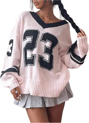SOLY HUX Women's Y2k Oversized Sweater Number Graphic V Neck Drop Shoulder Long Sleeve Pullover Tops