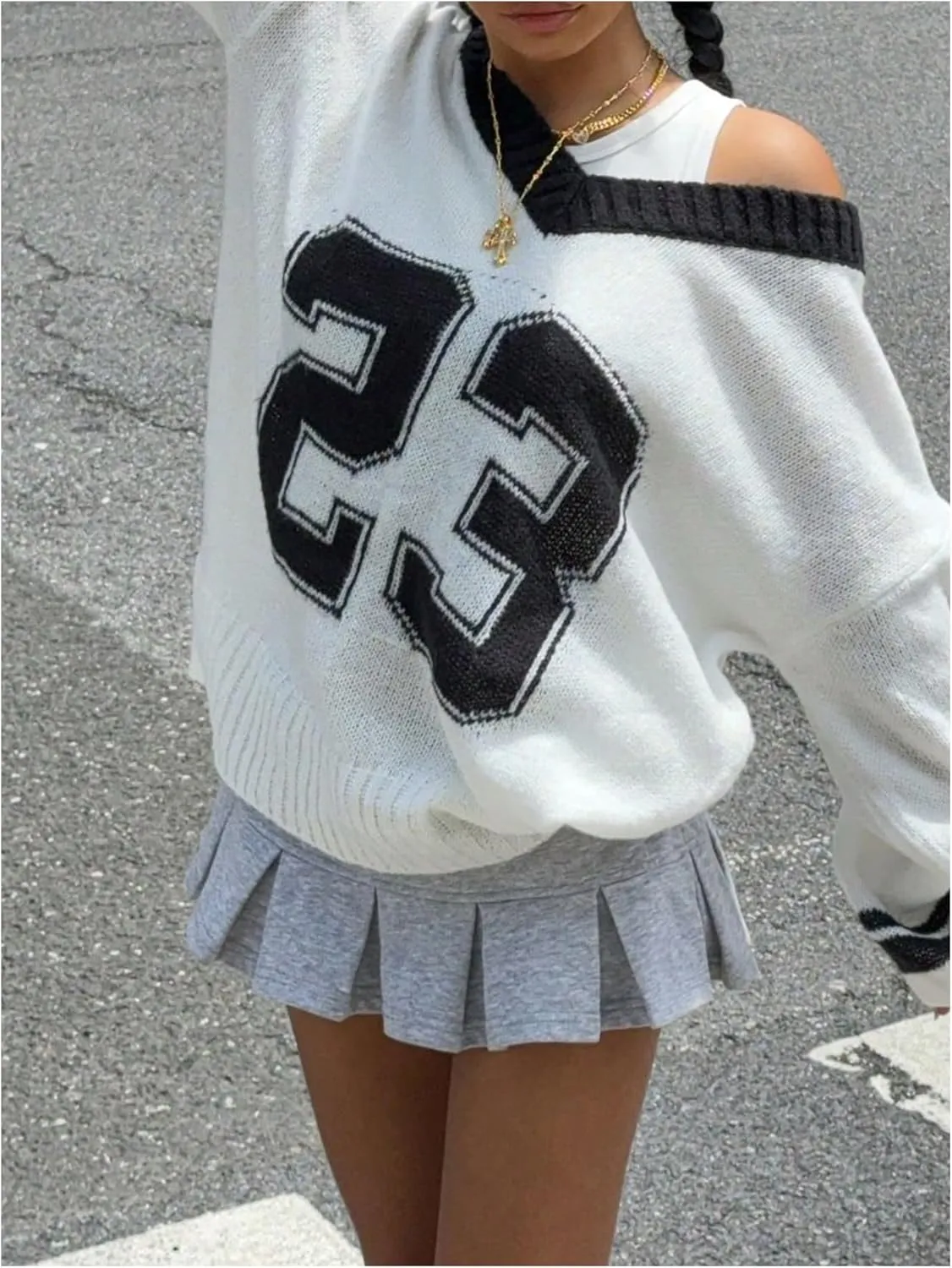 SOLY HUX Women's Y2k Oversized Sweater Number Graphic V Neck Drop Shoulder Long Sleeve Pullover Tops