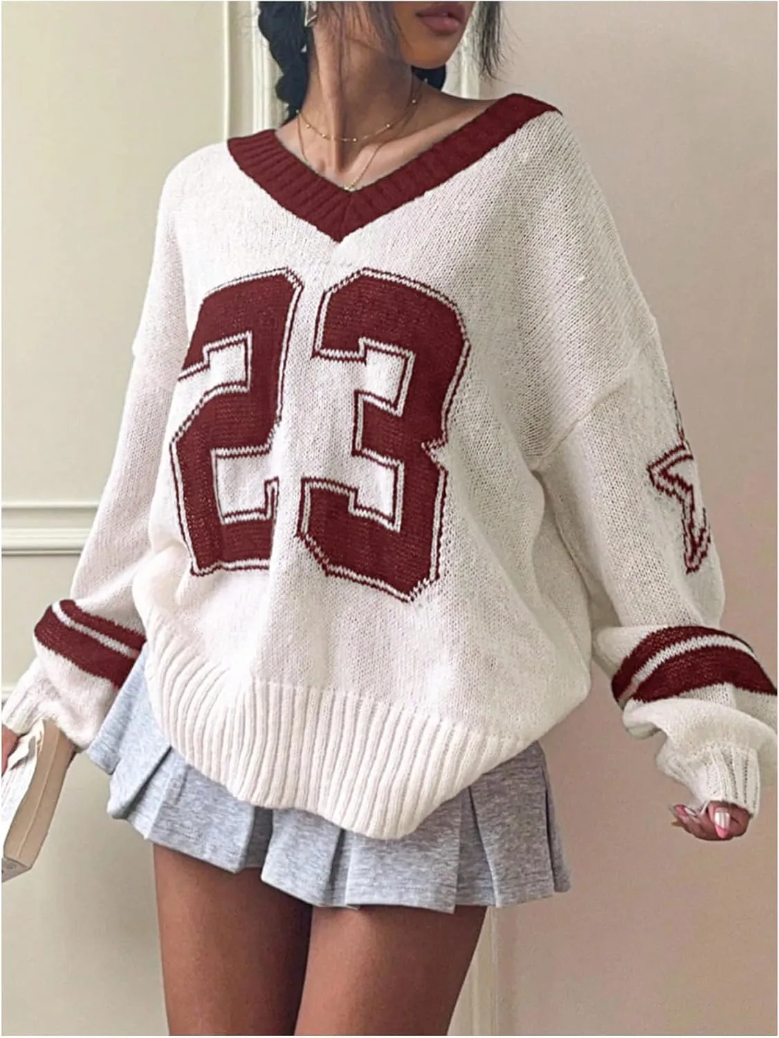 SOLY HUX Women's Y2k Oversized Sweater Number Graphic V Neck Drop Shoulder Long Sleeve Pullover Tops