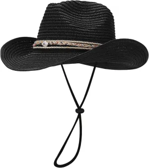 Straw Cowboy Hat for Women Western Style Round Cowboy Straw Hat Ladies Vegan Leather Band Shapeable Brim Beach Cowgirl