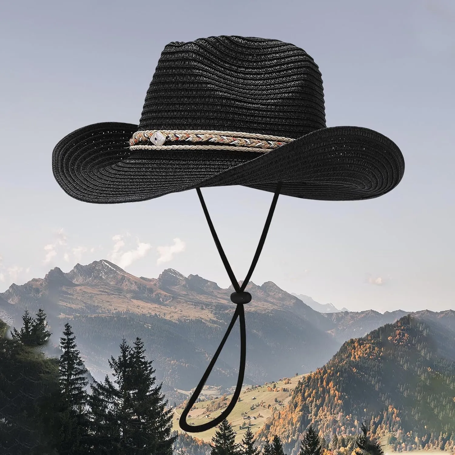 Straw Cowboy Hat for Women Western Style Round Cowboy Straw Hat Ladies Vegan Leather Band Shapeable Brim Beach Cowgirl