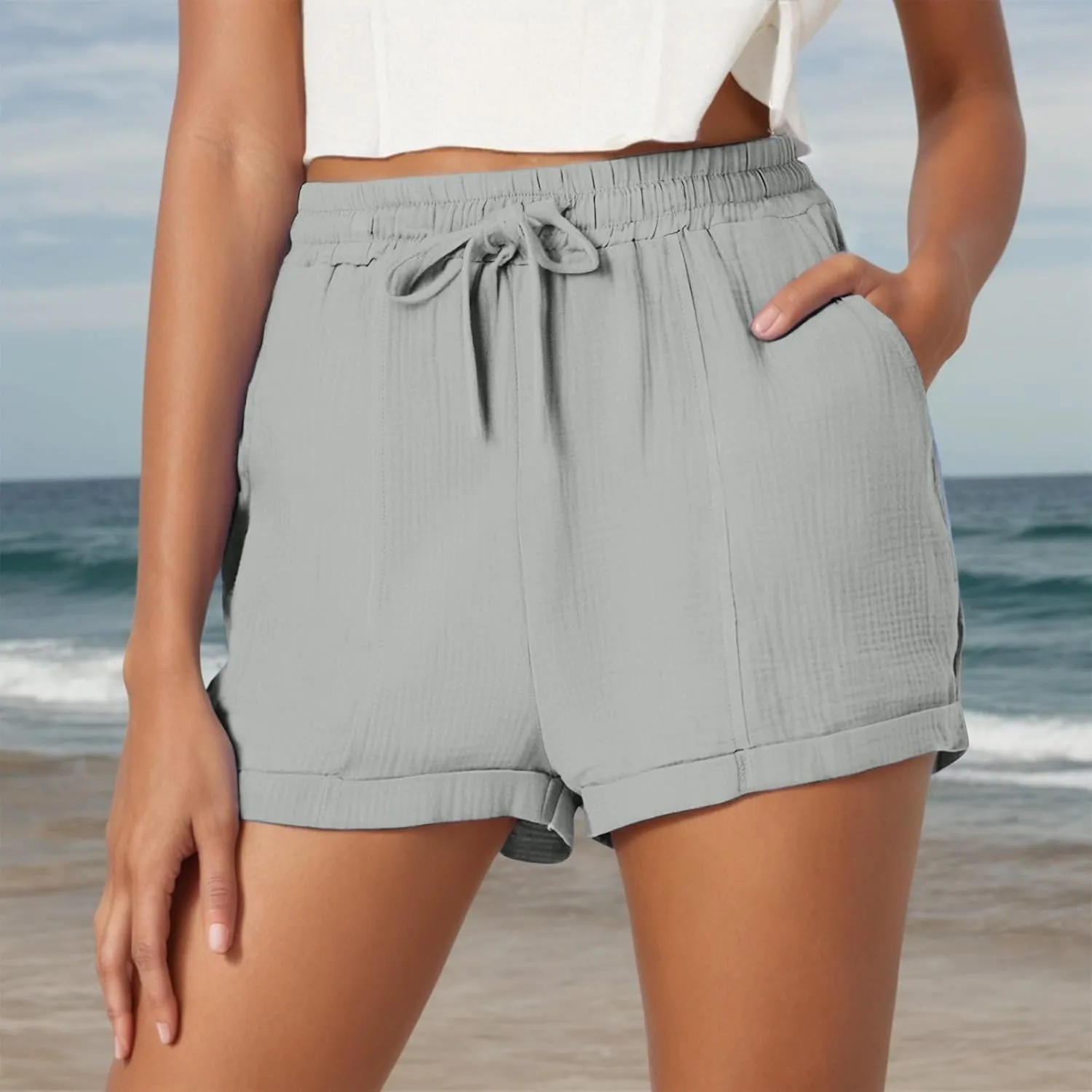 Summer Beach Shorts for Women High Elastic Waist Casual Chino Shorts Lightweight Drawstring Stretch Dressy Pants with Pockets