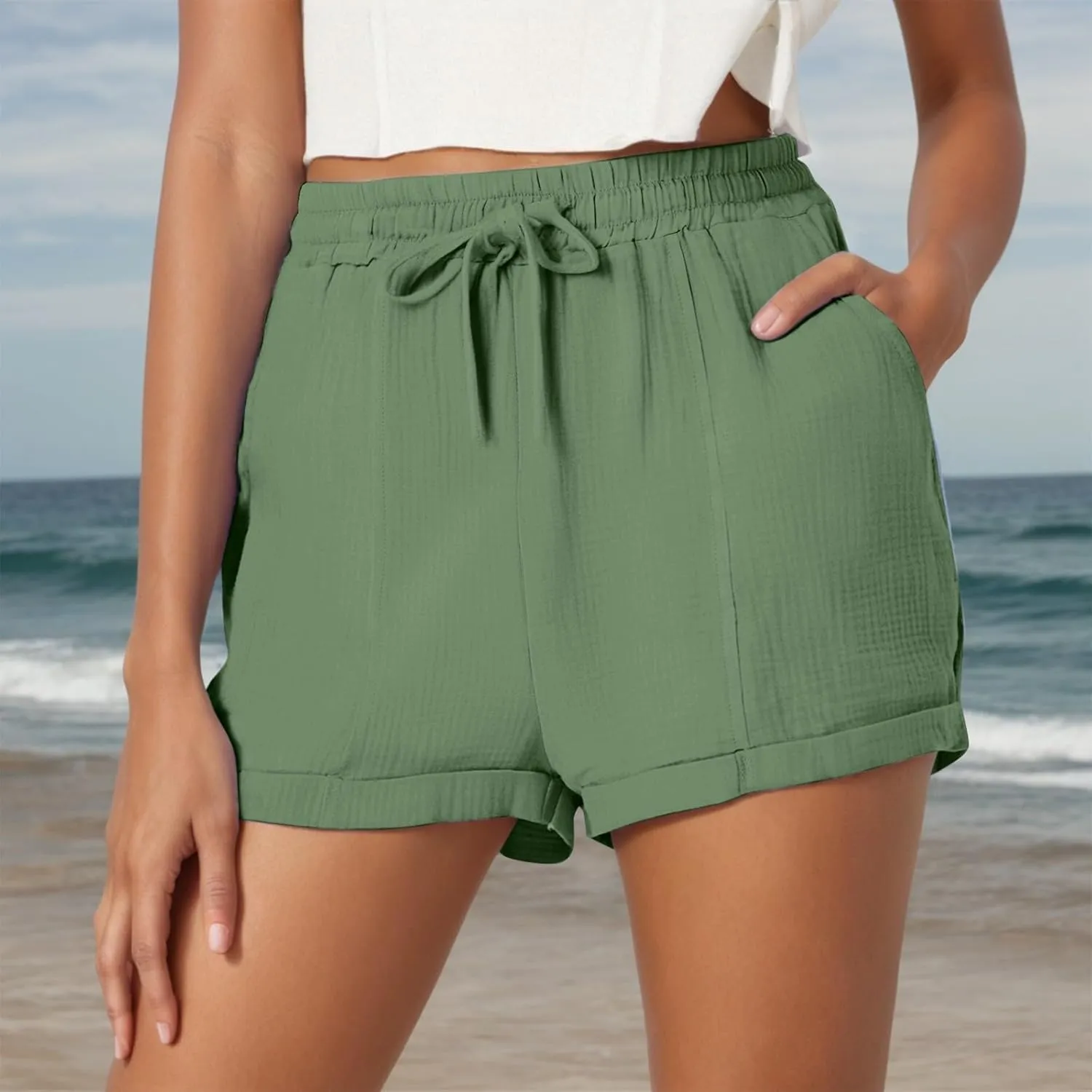 Summer Beach Shorts for Women High Elastic Waist Casual Chino Shorts Lightweight Drawstring Stretch Dressy Pants with Pockets