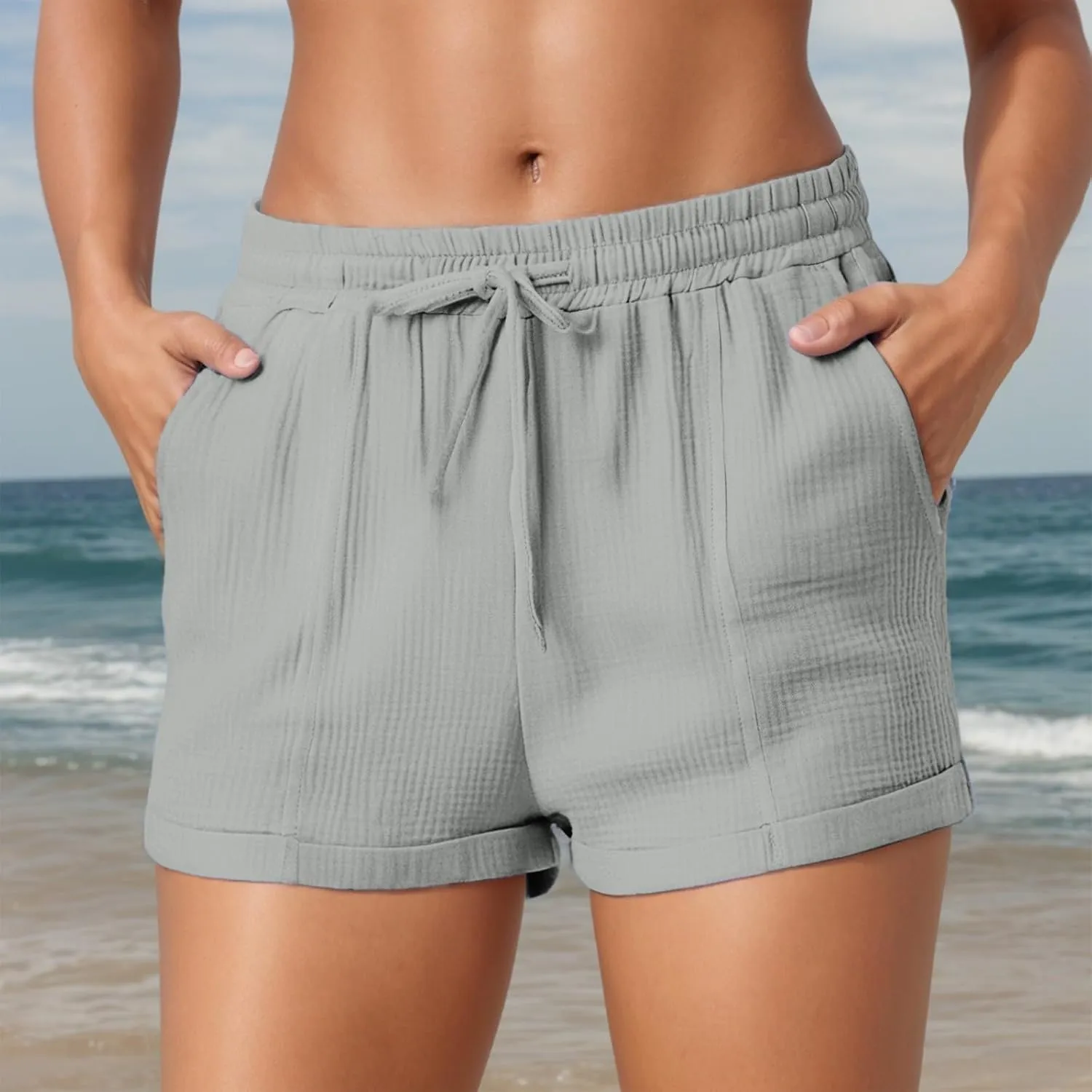Summer Beach Shorts for Women High Elastic Waist Casual Chino Shorts Lightweight Drawstring Stretch Dressy Pants with Pockets