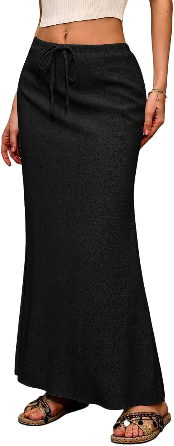 Summer Skirts for Women 2025 Maxi Length Back Slit Linen Skirt Summer Drawstring Elastic Waist Long Skirt with Pocket