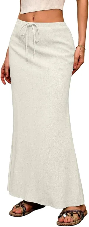 Summer Skirts for Women 2025 Maxi Length Back Slit Linen Skirt Summer Drawstring Elastic Waist Long Skirt with Pocket