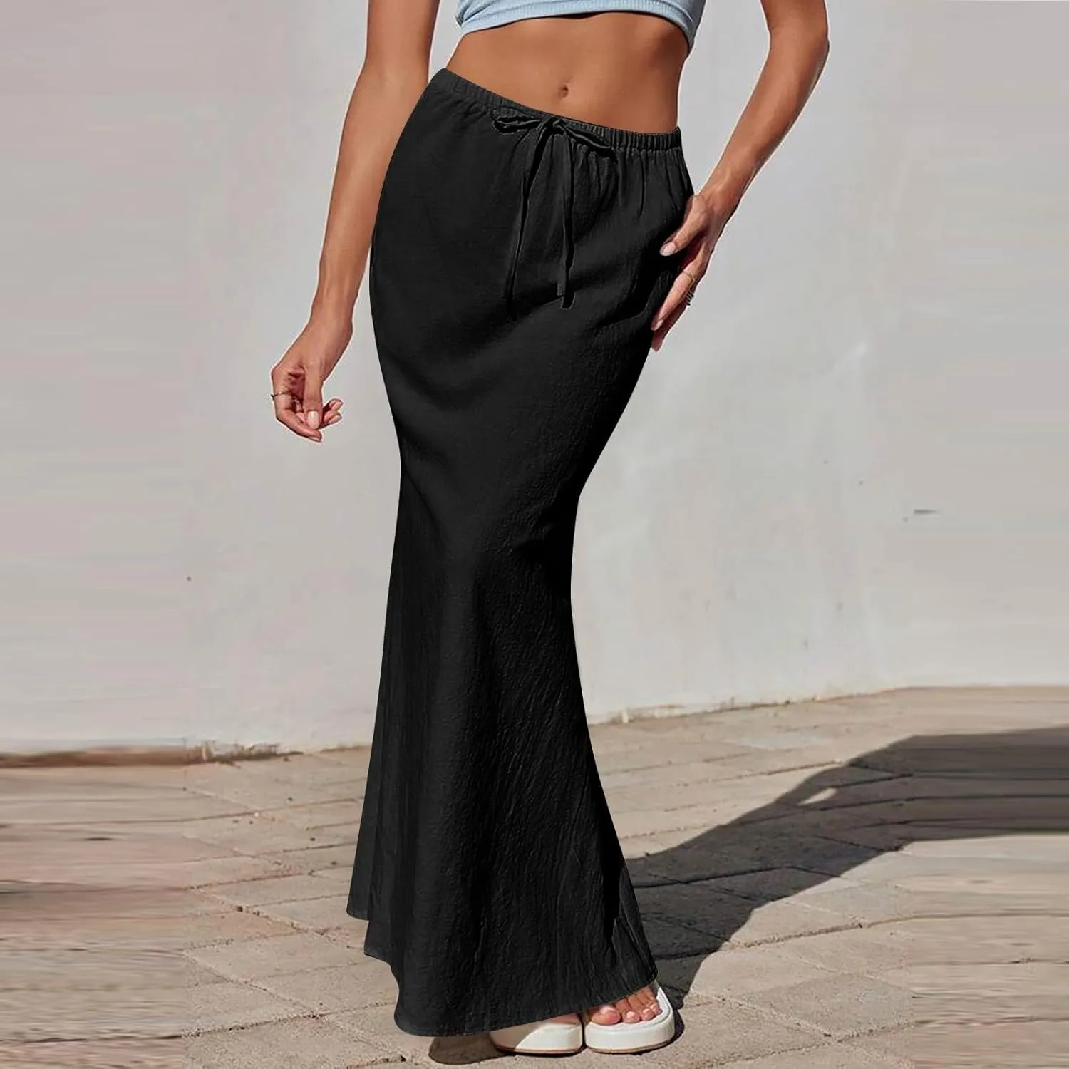 Summer Skirts for Women 2025 Maxi Length Back Slit Linen Skirt Summer Drawstring Elastic Waist Long Skirt with Pocket