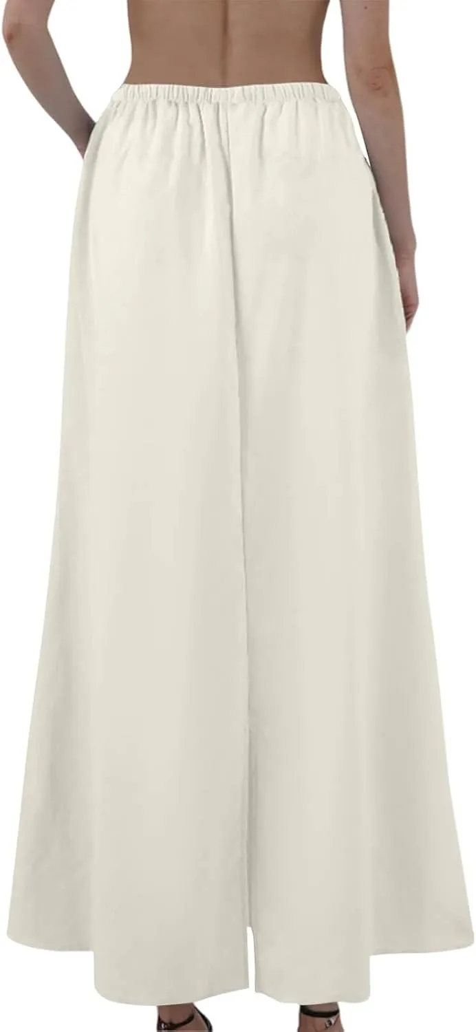 Summer Skirts for Women 2025 Maxi Length Back Slit Linen Skirt Summer Drawstring Elastic Waist Long Skirt with Pocket