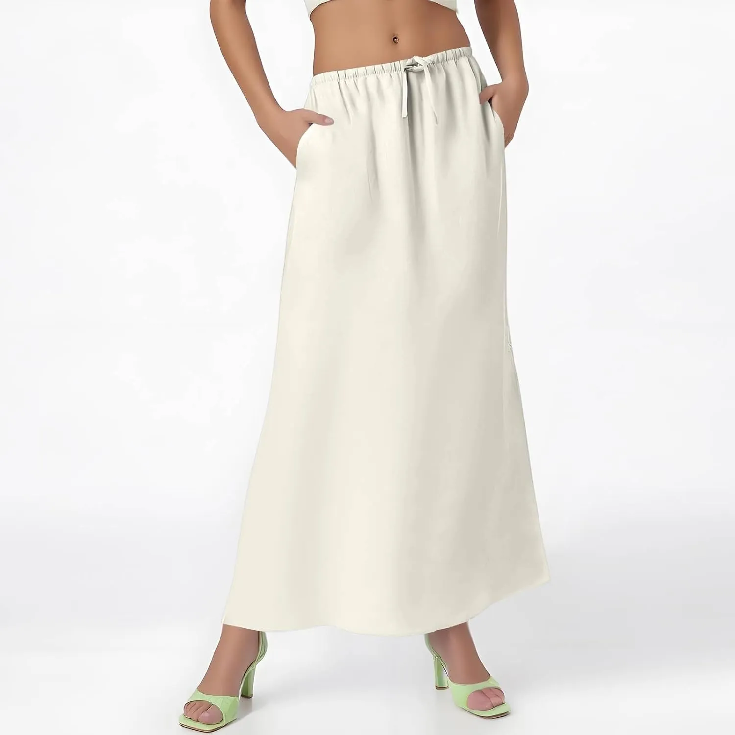 Summer Skirts for Women 2025 Maxi Length Back Slit Linen Skirt Summer Drawstring Elastic Waist Long Skirt with Pocket