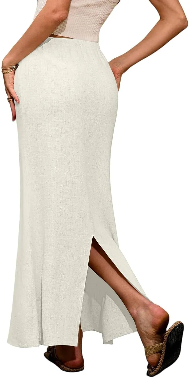 Summer Skirts for Women 2025 Maxi Length Back Slit Linen Skirt Summer Drawstring Elastic Waist Long Skirt with Pocket