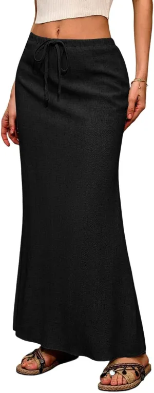 Summer Skirts for Women 2025 Maxi Length Back Slit Linen Skirt Summer Drawstring Elastic Waist Long Skirt with Pocket