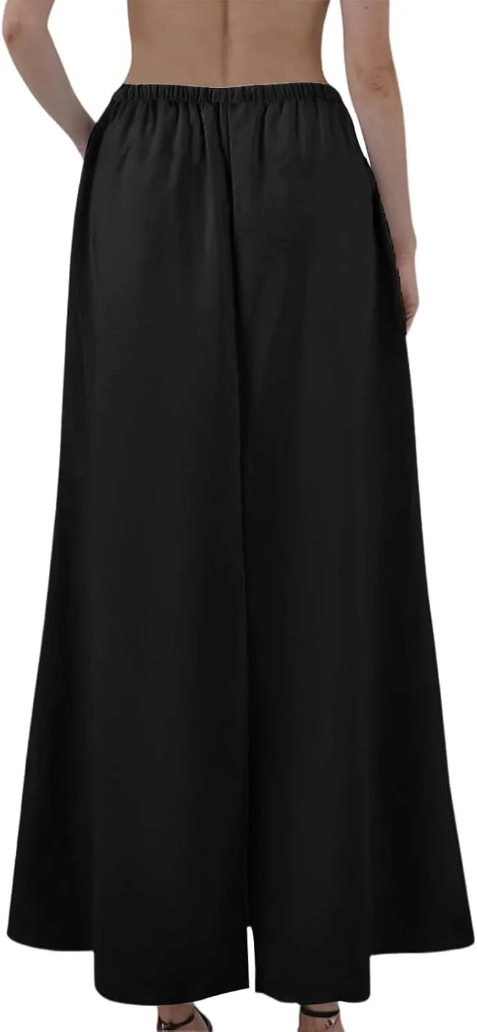 Summer Skirts for Women 2025 Maxi Length Back Slit Linen Skirt Summer Drawstring Elastic Waist Long Skirt with Pocket