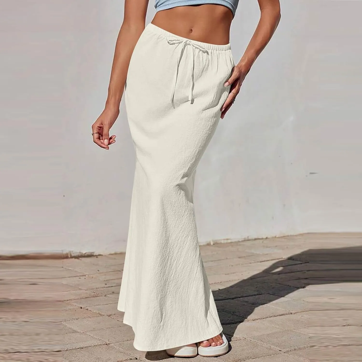 Summer Skirts for Women 2025 Maxi Length Back Slit Linen Skirt Summer Drawstring Elastic Waist Long Skirt with Pocket