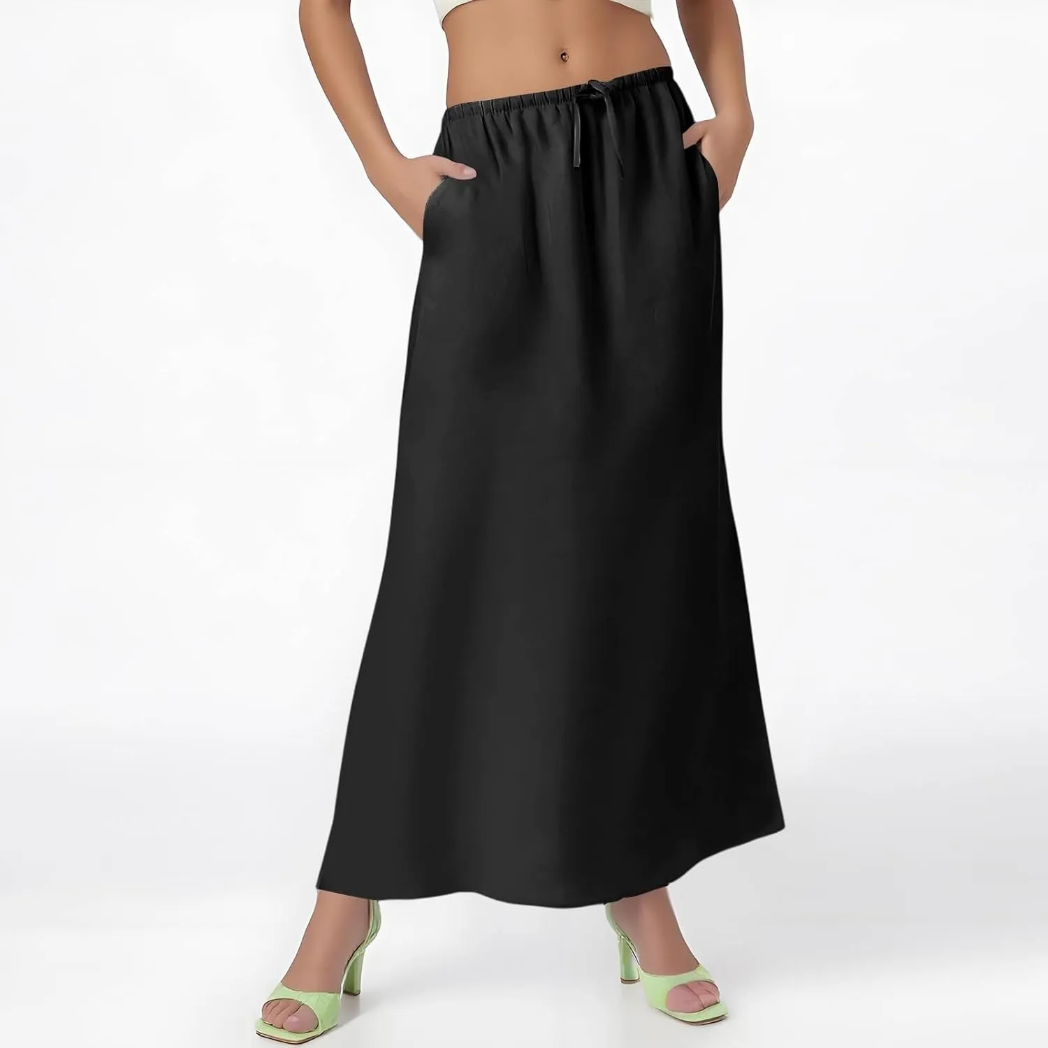 Summer Skirts for Women 2025 Maxi Length Back Slit Linen Skirt Summer Drawstring Elastic Waist Long Skirt with Pocket
