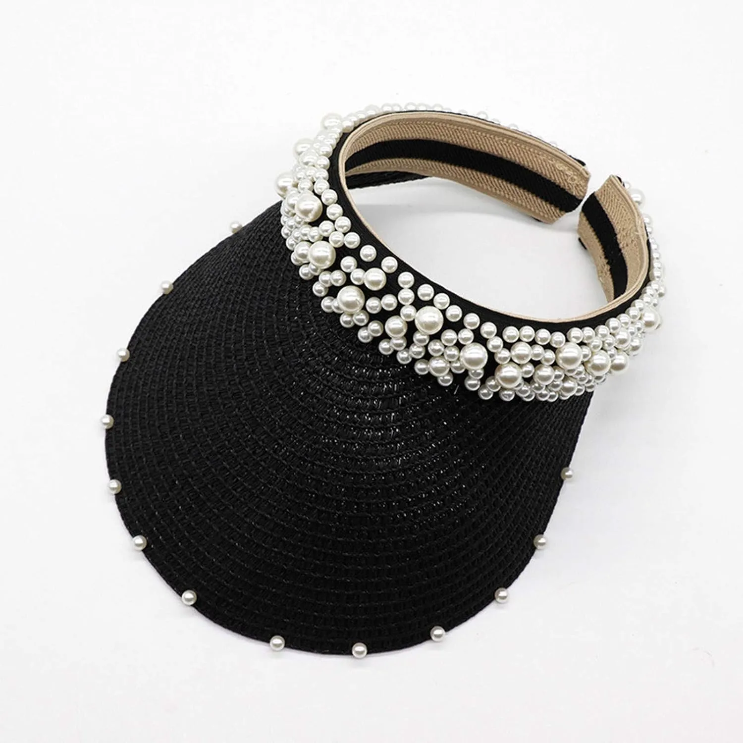 Sun Hat with Pearls for Women Sun Beach Visor Cap with Wide Brim for Sports Beach Hiking