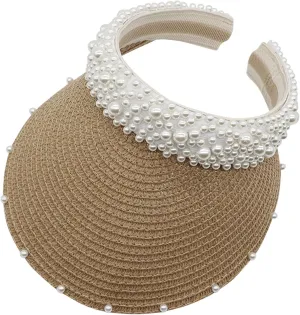Sun Hat with Pearls for Women Sun Beach Visor Cap with Wide Brim for Sports Beach Hiking