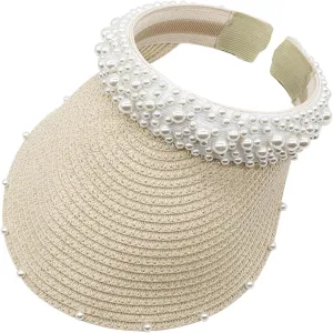 Sun Hat with Pearls for Women Sun Beach Visor Cap with Wide Brim for Sports Beach Hiking