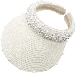Sun Hat with Pearls for Women Sun Beach Visor Cap with Wide Brim for Sports Beach Hiking