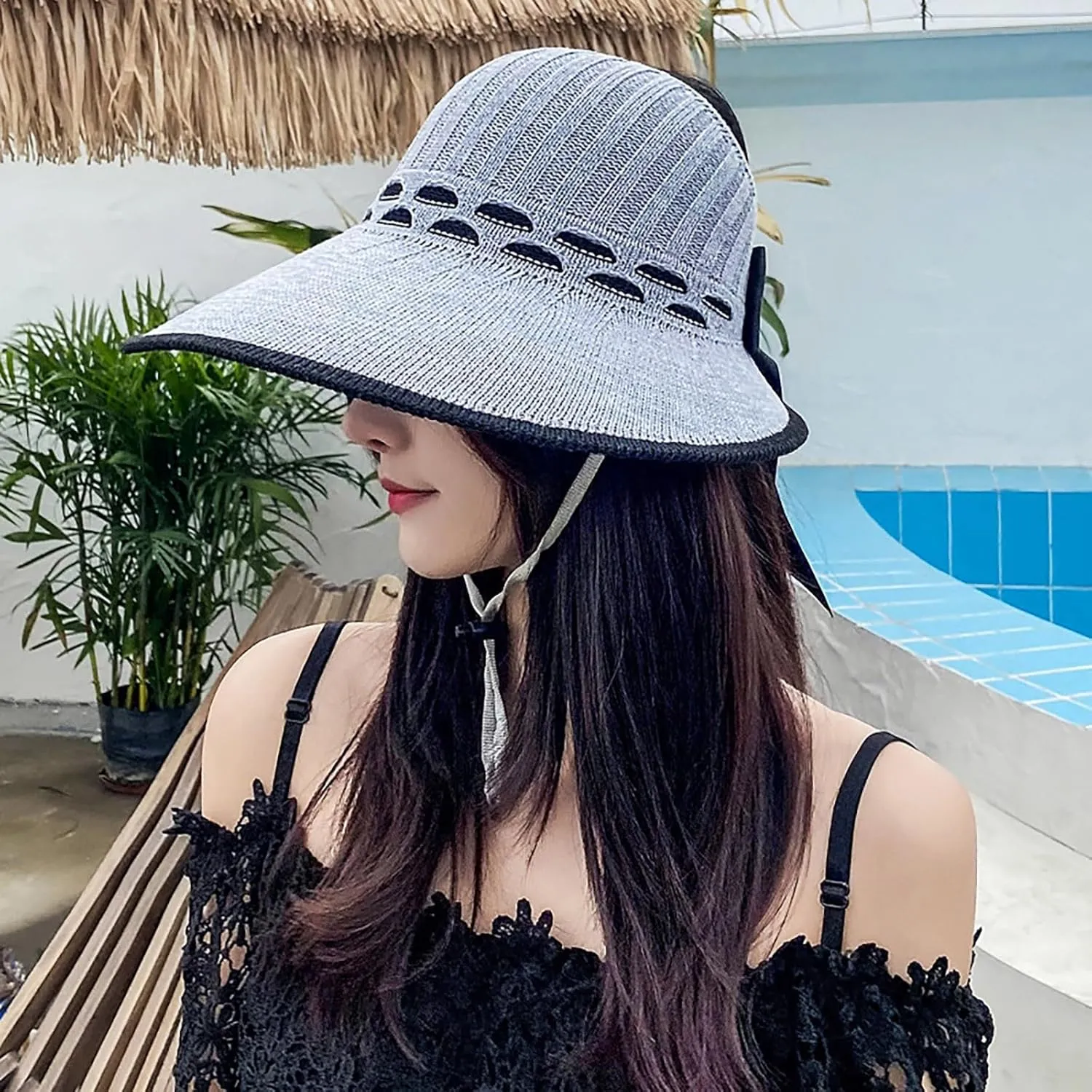Sun Straww Hat for Women Solid Summer Outdoor Sun Wide Brim Bucket Hat with String Foldable Beach Hat
