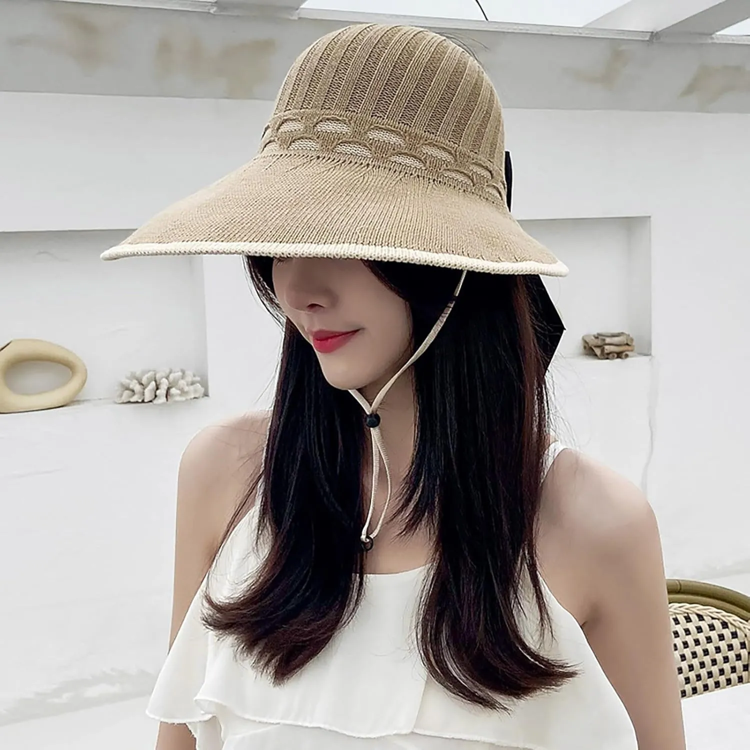 Sun Straww Hat for Women Solid Summer Outdoor Sun Wide Brim Bucket Hat with String Foldable Beach Hat