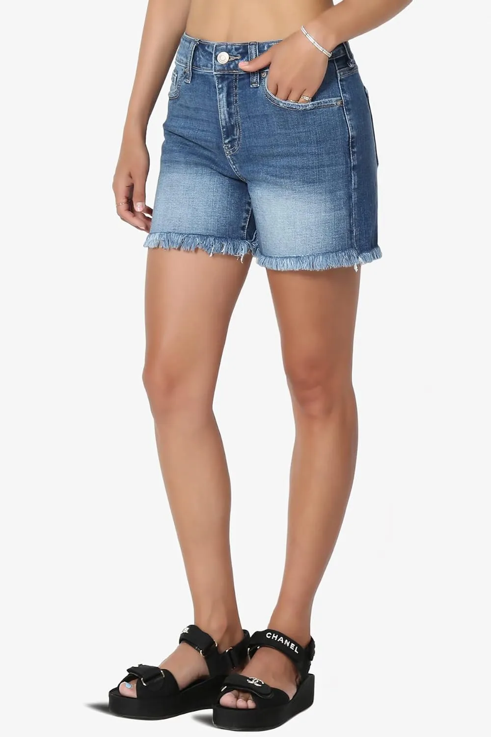 TheMogan S~XL Ladylike Frayed Hem Faded Wash High Waisted Stretch Denim Shorts
