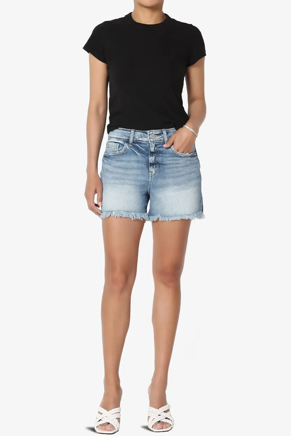 TheMogan S~XL Ladylike Frayed Hem Faded Wash High Waisted Stretch Denim Shorts
