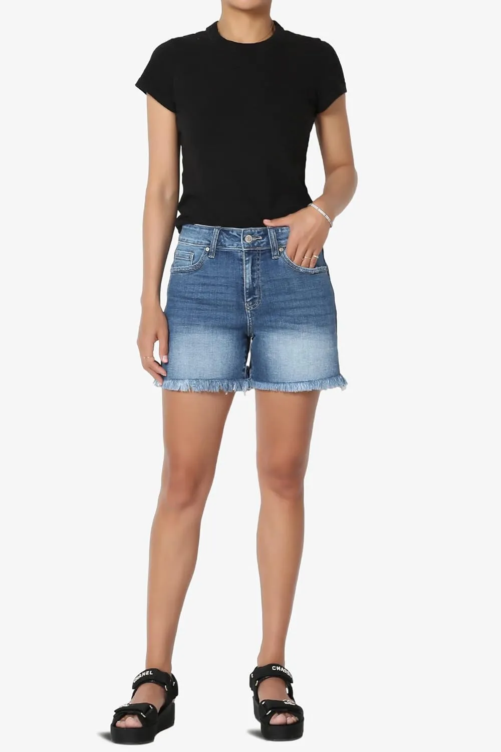 TheMogan S~XL Ladylike Frayed Hem Faded Wash High Waisted Stretch Denim Shorts