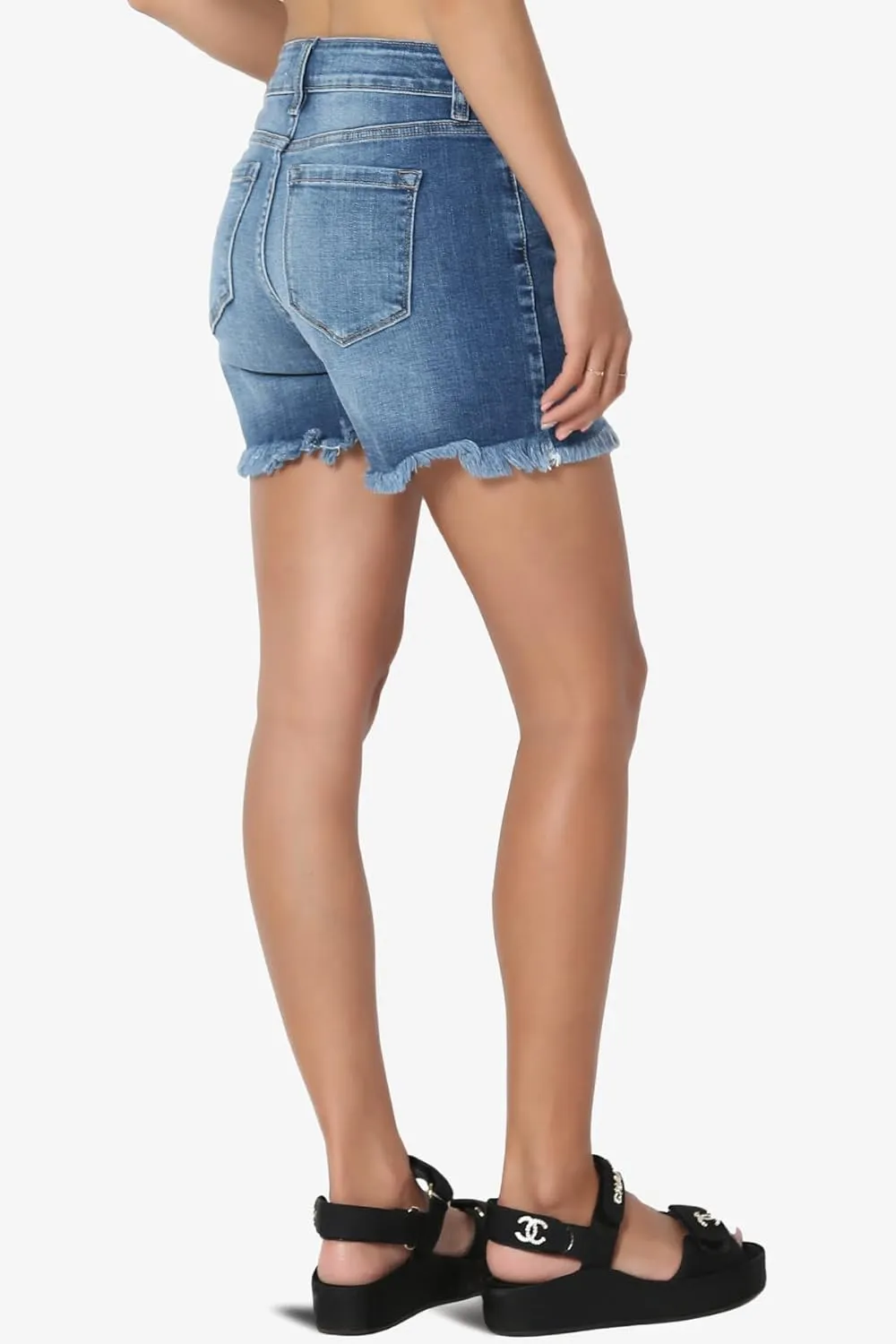 TheMogan S~XL Ladylike Frayed Hem Faded Wash High Waisted Stretch Denim Shorts